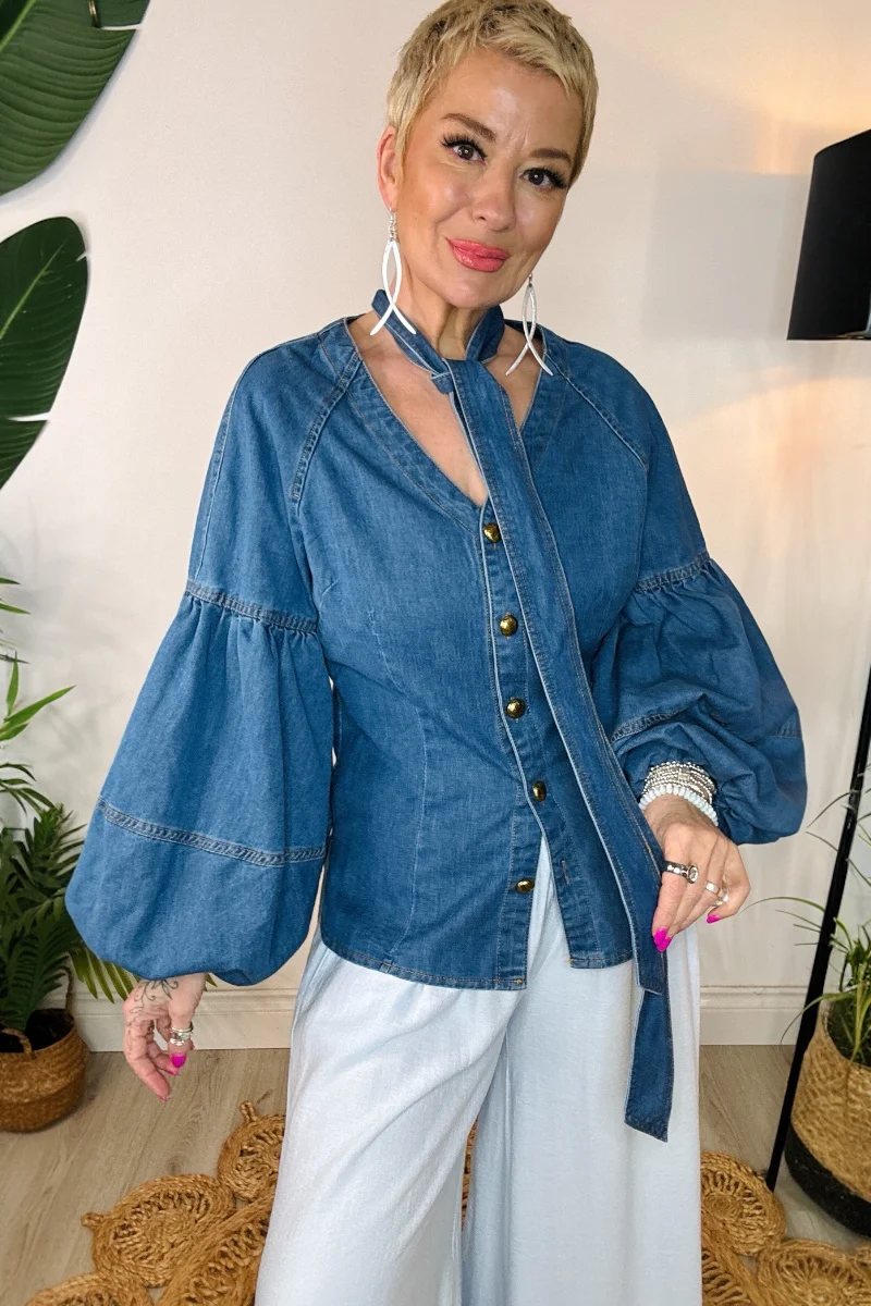 Balloon Sleeve Denim Blouse - Image 2