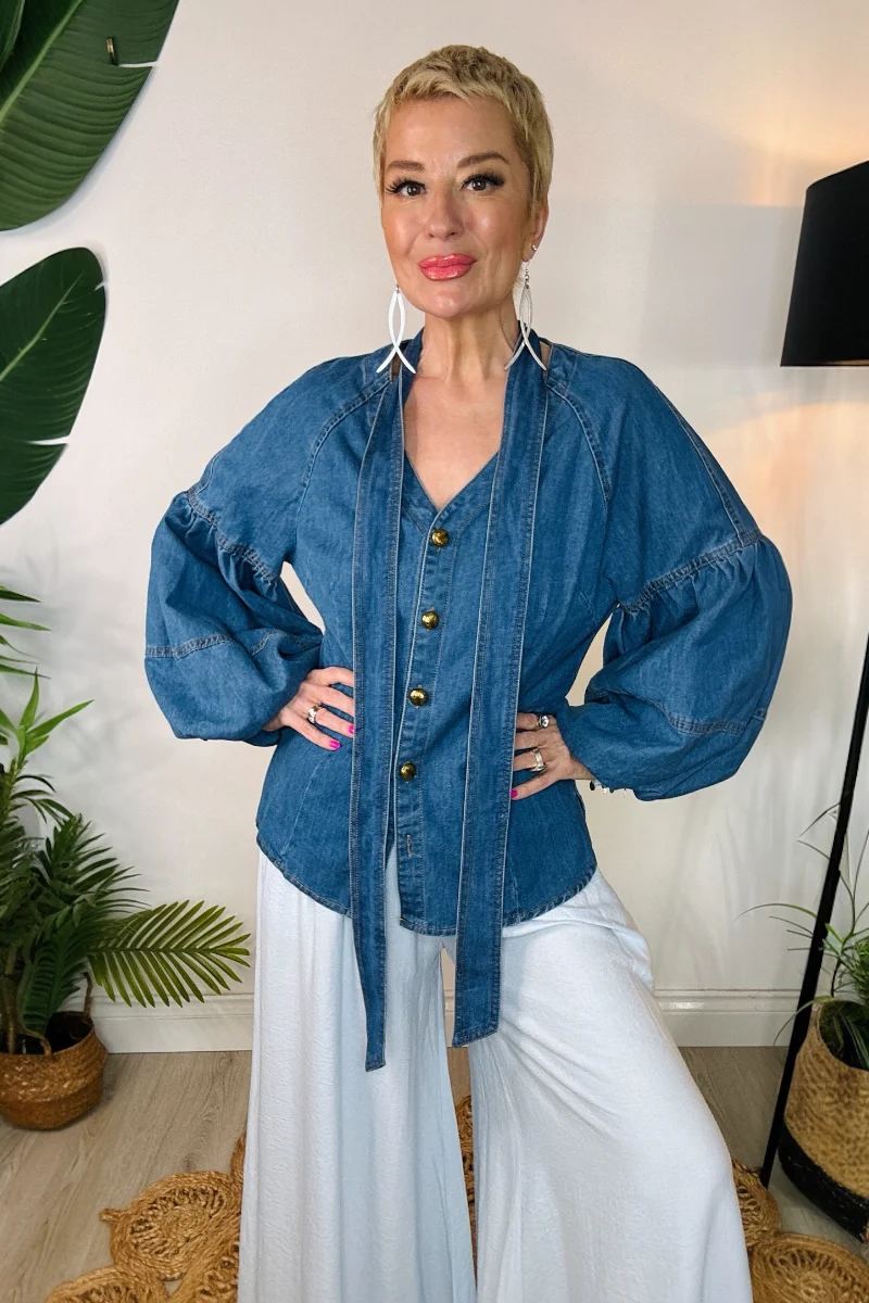 Balloon Sleeve Denim Blouse - Image 3