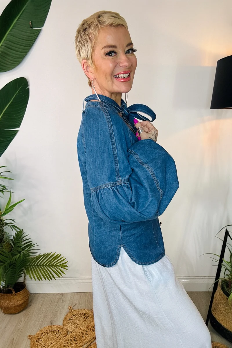 Balloon Sleeve Denim Blouse - Image 5